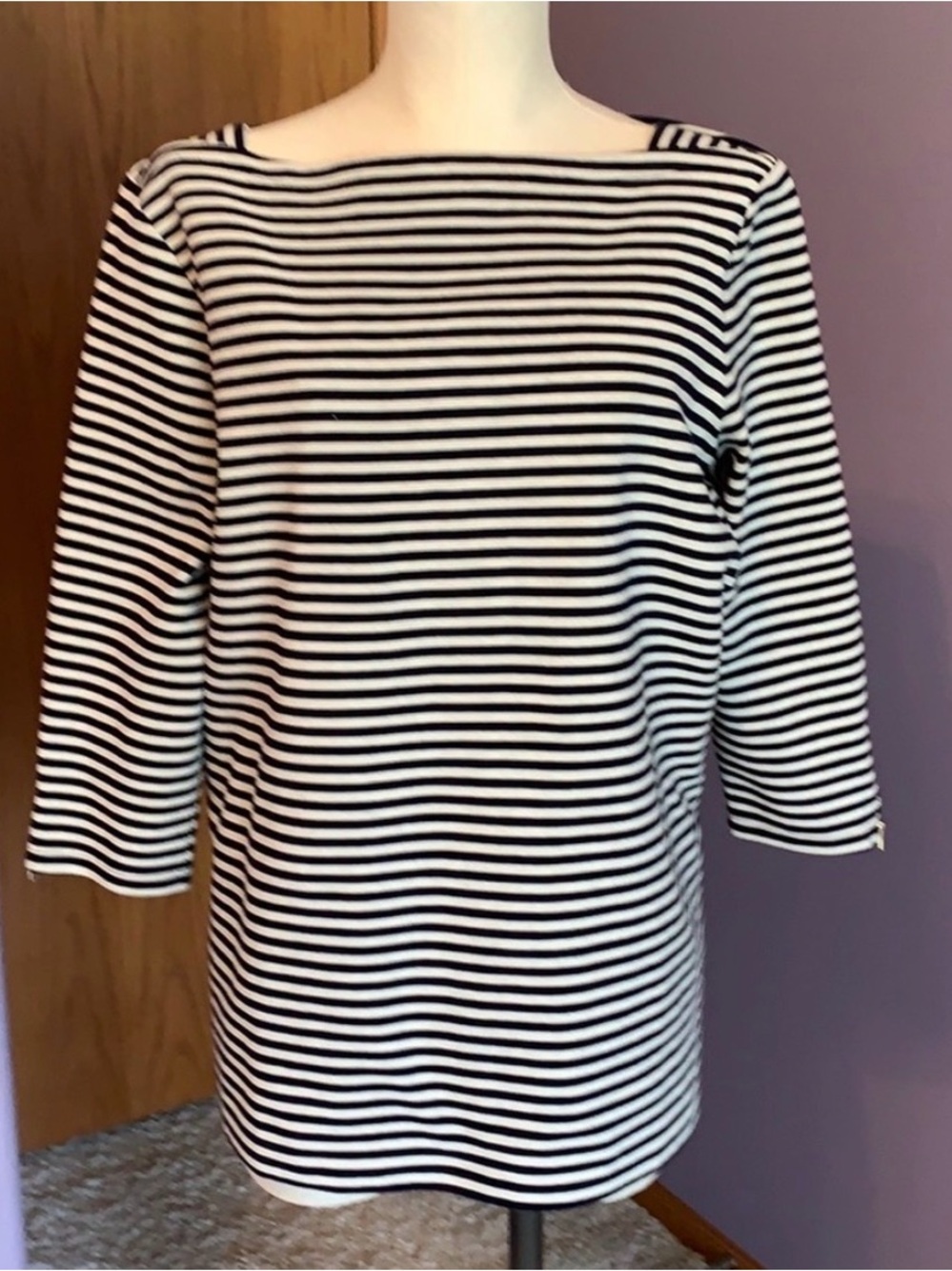 Talbots 1X Navy & White Nautical Striped Boatneck 3/4 Sleeves with Zippers Top